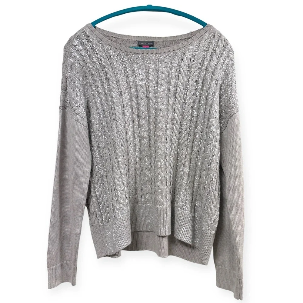 nwt Vince Camuto Metallic Knit Crew Neck Sweater Cable Knit Front Silver Grey